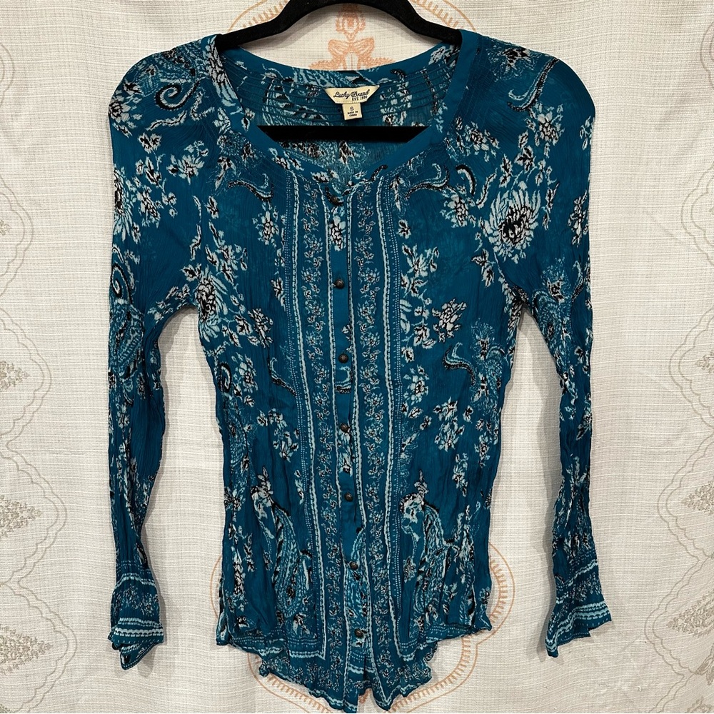 Lucky Brand Sheer Teal Paisley Blouse